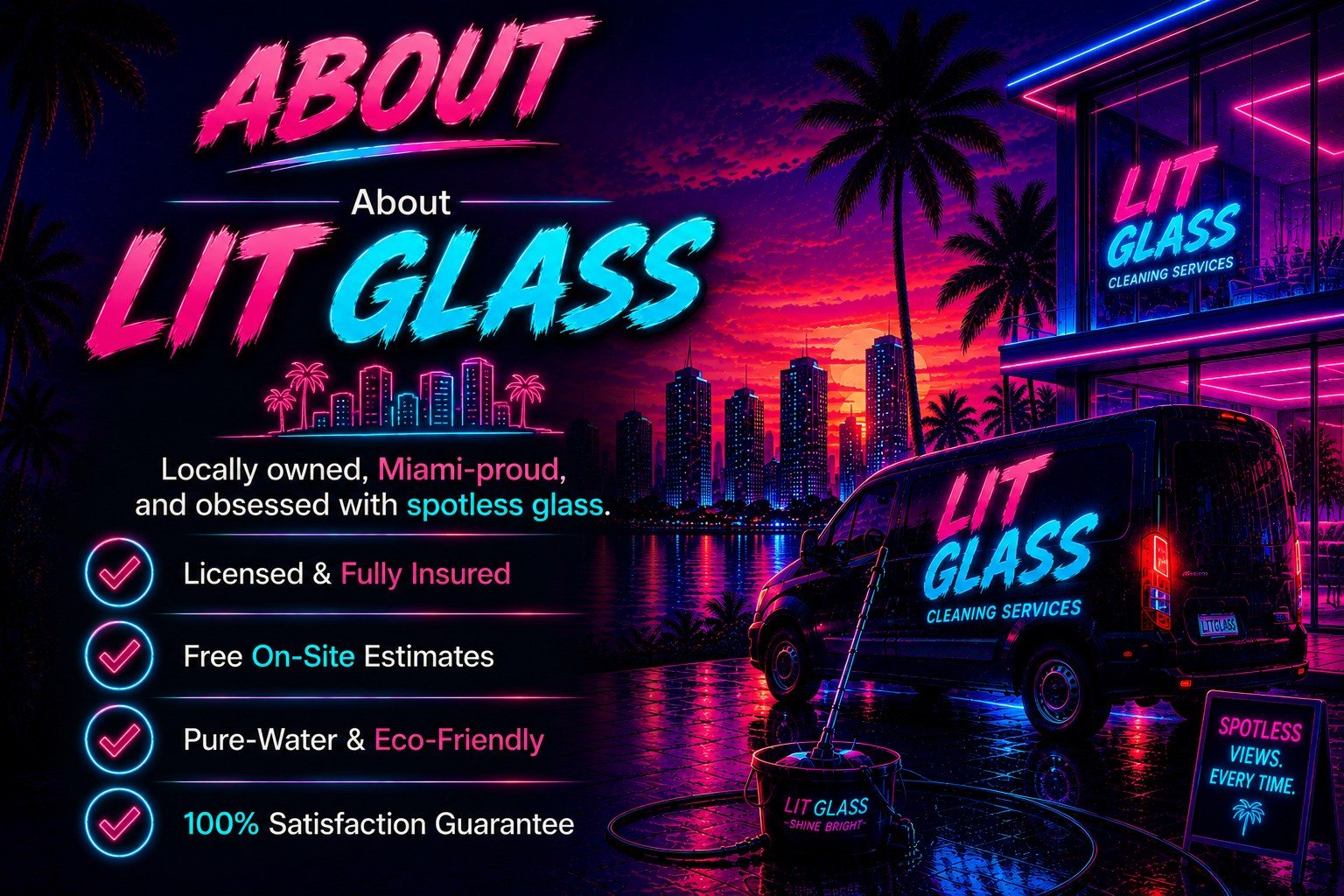 About LIT GLASS — locally owned, Miami-proud, and obsessed with spotless glass. Licensed & Fully Insured, Free On-Site Estimates, Pure-Water & Eco-Friendly, and a 100% Satisfaction Guarantee.