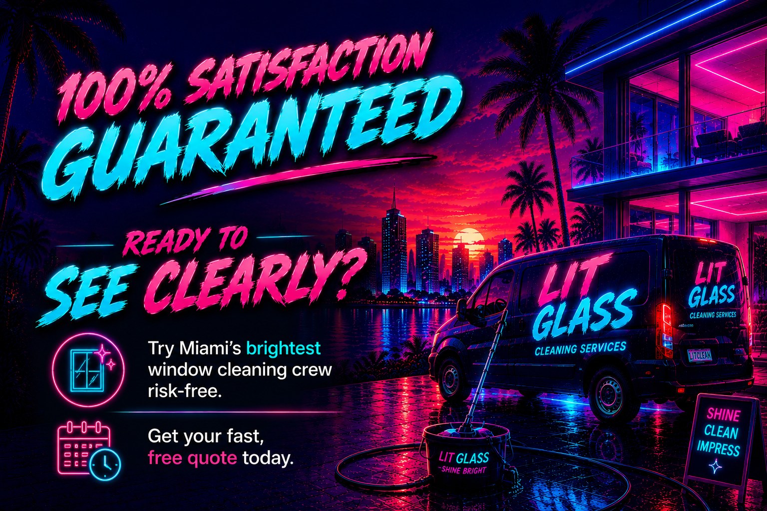 100% Satisfaction Guaranteed — Ready to See Clearly? Try Miami's brightest window cleaning crew risk-free. Get your fast, free quote today.