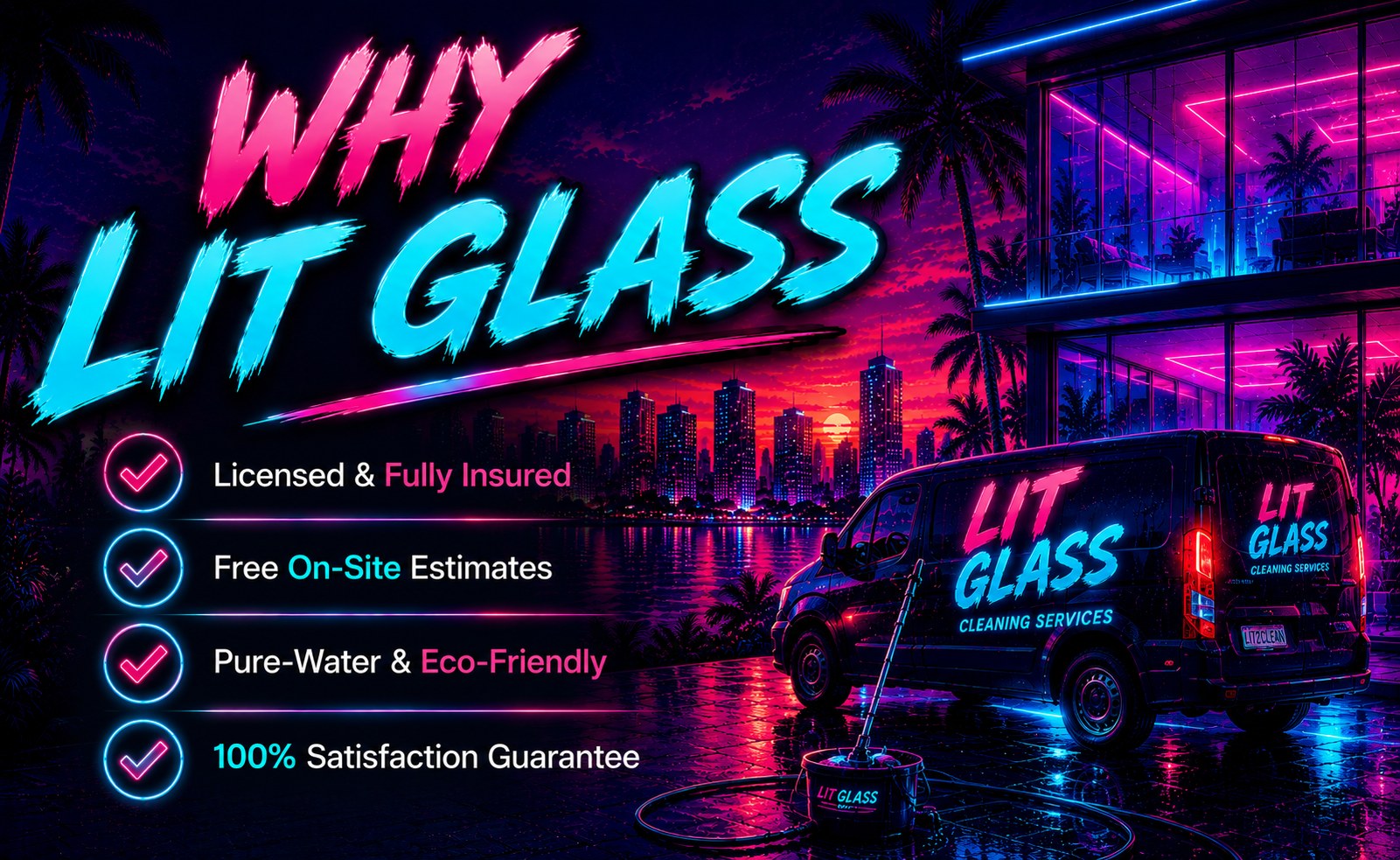 Why LIT GLASS — Licensed & Fully Insured, Free On-Site Estimates, Pure-Water & Eco-Friendly, and a 100% Satisfaction Guarantee.
